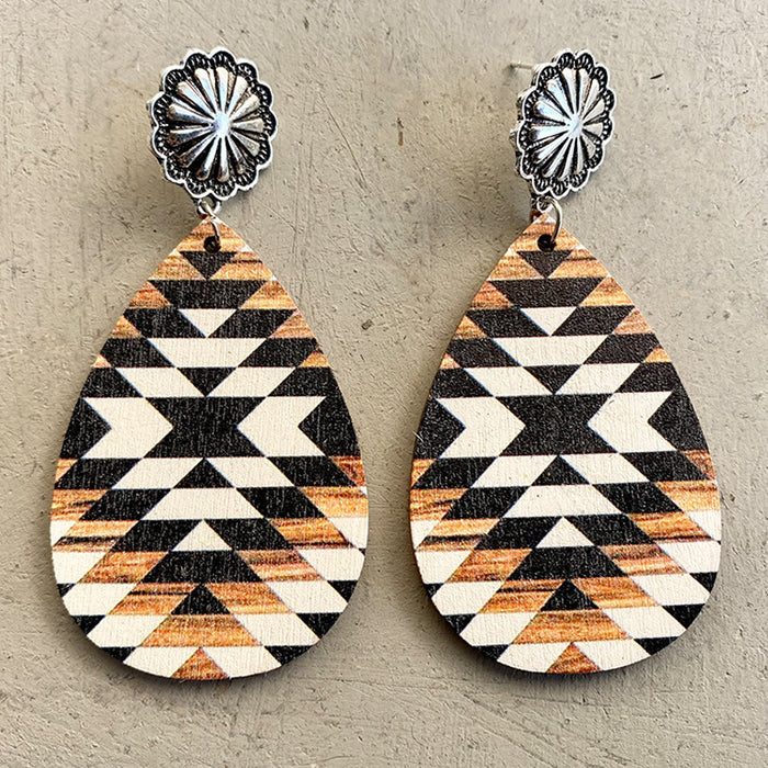 Wooden plaid water drop earrings