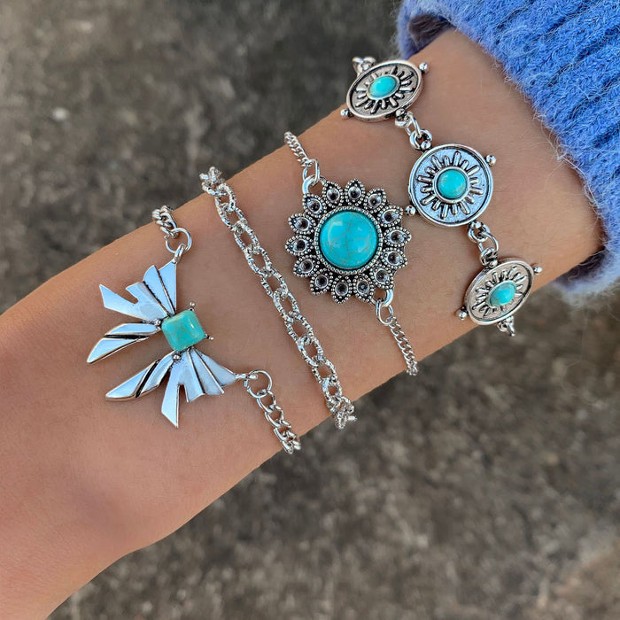 Conjunto exclusivo de pulseras con flores turquesas: joyería con colgante de mariposa retro