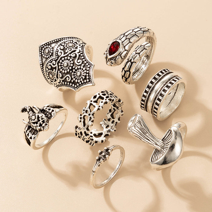 Mushroom Snake Elephant Silver Ring 7-Piece Set