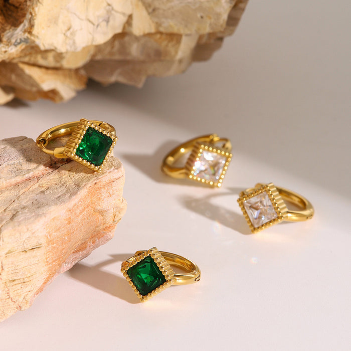 Stainless steel emerald square earrings retro light luxury earrings