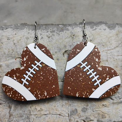 Heart Shaped Sports Leather Earrings with Baseball, Soccer, and Football Design