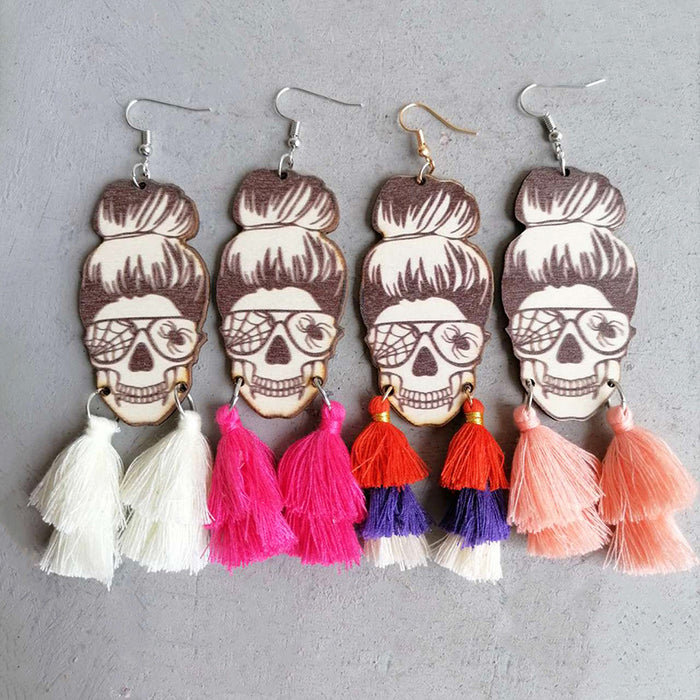 Halloween Tassel Earrings with Wooden Skull and Spider Design