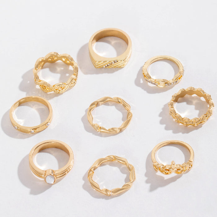 Punk Vintage Geometric Diamond Cut-Out Ring Set – Versatile Metal Pattern, 9-Piece Collection