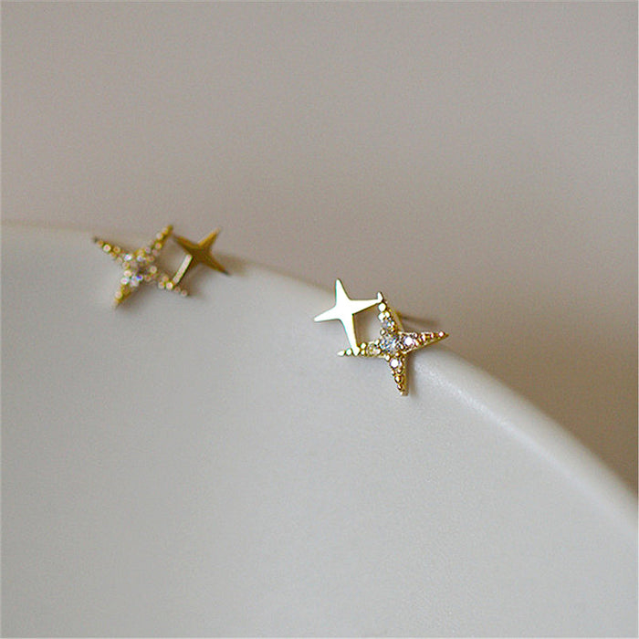 Star earrings with diamonds, four-pointed star design earrings