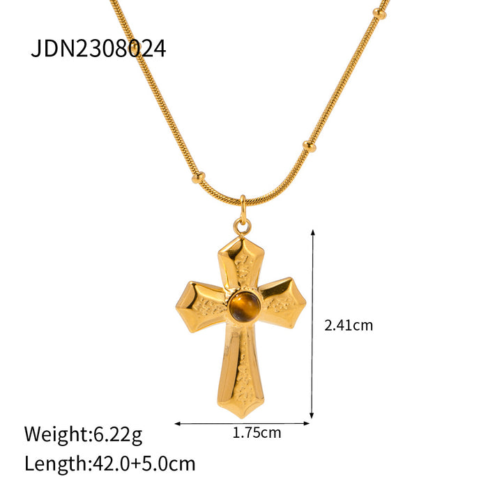 Stainless Steel Natural Stone Necklace Pendant Clavicle Chain Cross Earrings