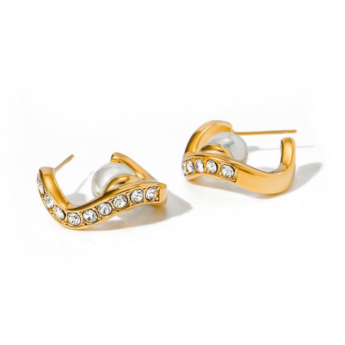 18K Gold Stainless Steel + Diamond + Pearl Wave-Shaped Earrings - Fashionable Titanium Steel Jewelry