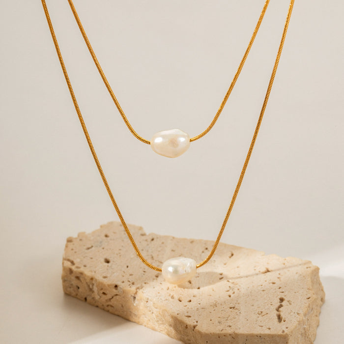 18K Gold-Plated Stainless Steel Pearl Necklace - Trendy Design with Freshwater Pearls and Non-Fading Chain