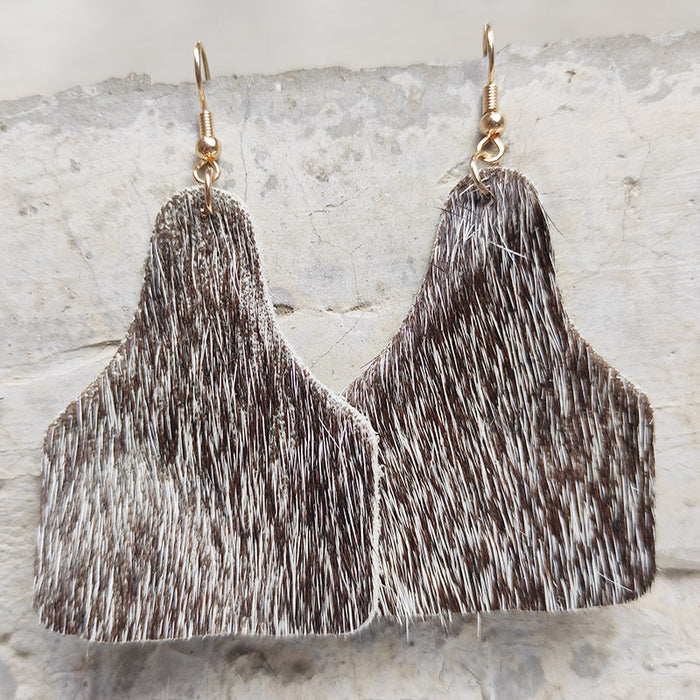 Long Hair Leather Southwestern Style Cow Tag Earrings with Western Cowboy Design