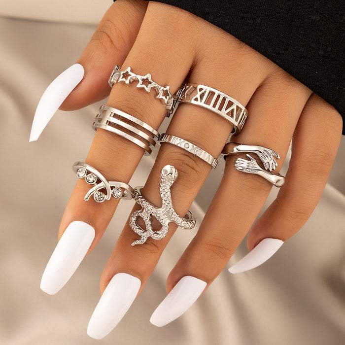 Snake-shaped hollow palm ring seven-piece set star diamond monogram