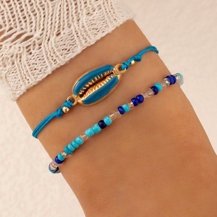 Ethnic Blue Shell Braided Double-Layer Bracelet with Geometric Beads