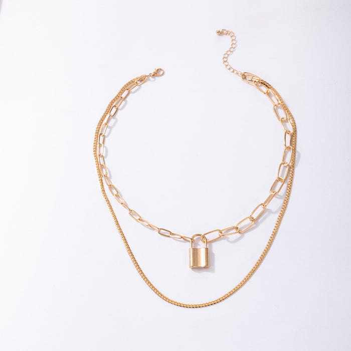 Fashionable Lock Pendant Necklace – Multi-Layer Alloy Chain