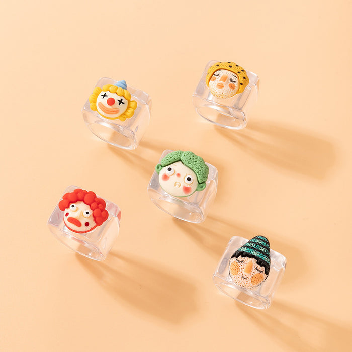 Colorful resin clown ring five-piece acrylic cartoon doll combination