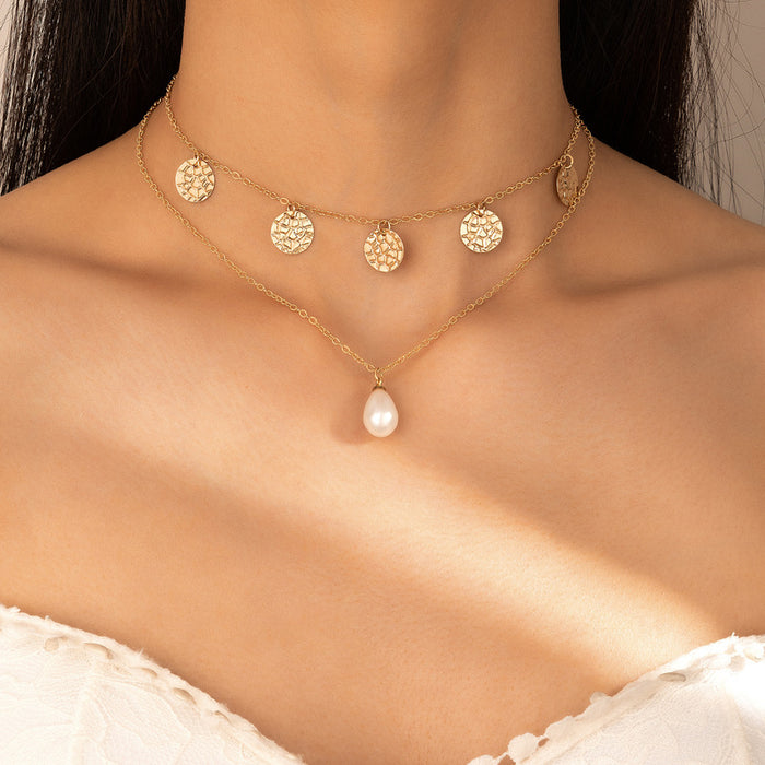 Pearl Pendant Double-Layer Necklace - Geometric Round Piece Multilayer Choker