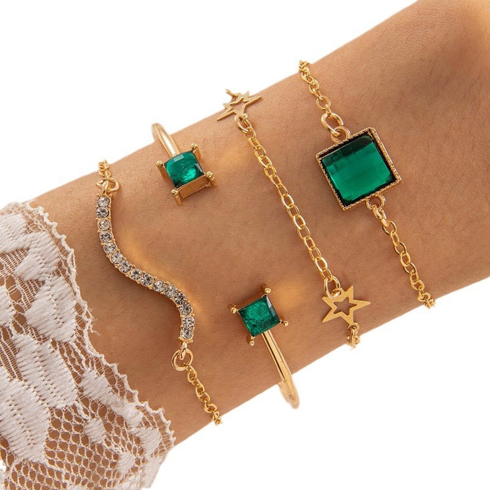 Green Gemstone Cuff Bracelet Set - Simple Retro Style Jewelry