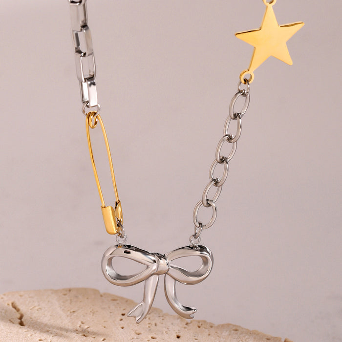 Stainless steel bow necklace clavicle chain titanium steel contrast color design