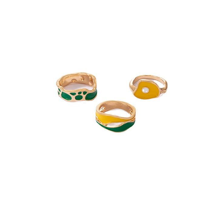 Irregular geometric colorful oil drop ring set hollow carving design