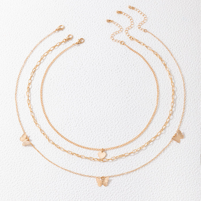 Simple Geometric Multi-Layer Necklace Set - Heart and Butterfly Three Pieces