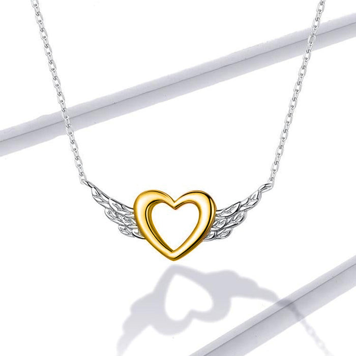 Love Heart Hollow Angel Wings Necklace Two-color Design Pendant