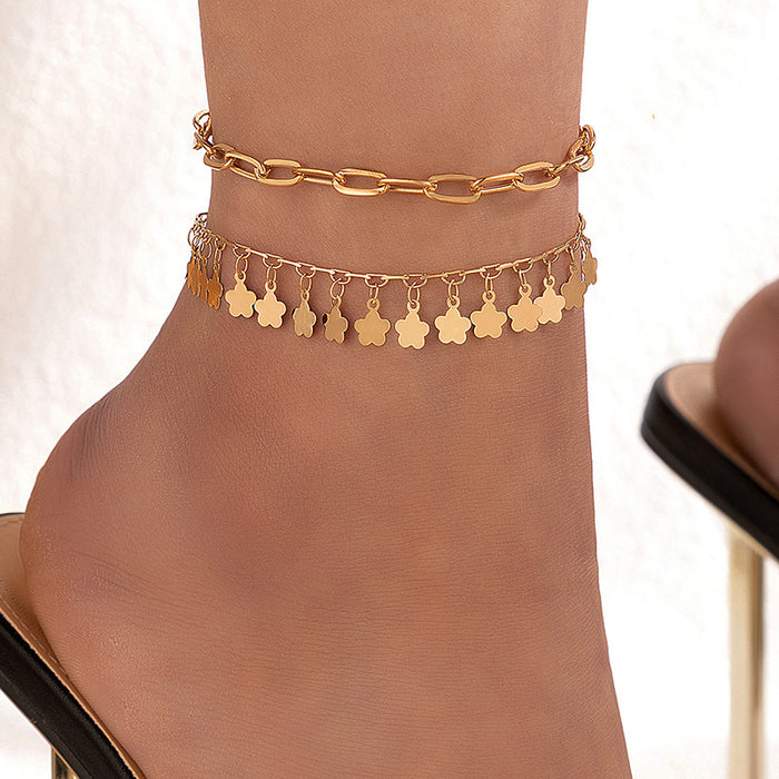 Minimalist Flower and Round Pendant Chain Anklet with Alloy Geometric Two-Piece Set