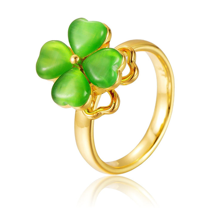 Wholesale green cat's eye four-leaf clover rotating opening ring