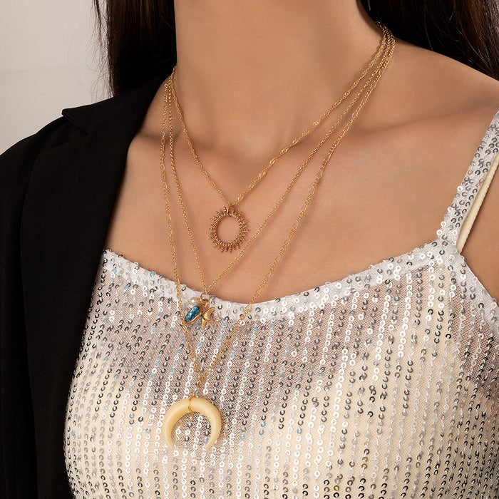 Triple Layered Moon Pendant Necklace - Retro Layered Choker Set