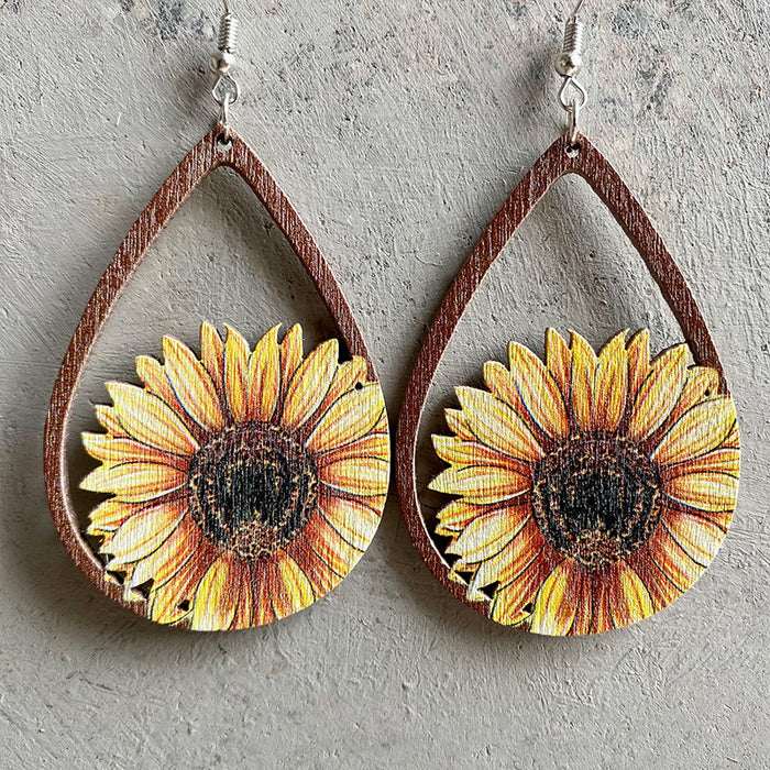 Wooden droplet sunflower earrings