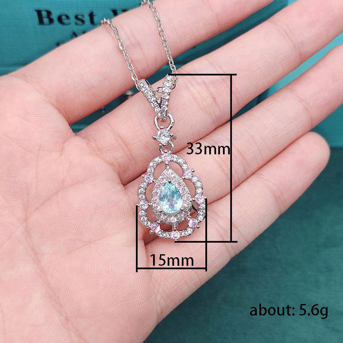 Light blue teardrop-shaped zircon necklace for women, two-piece set