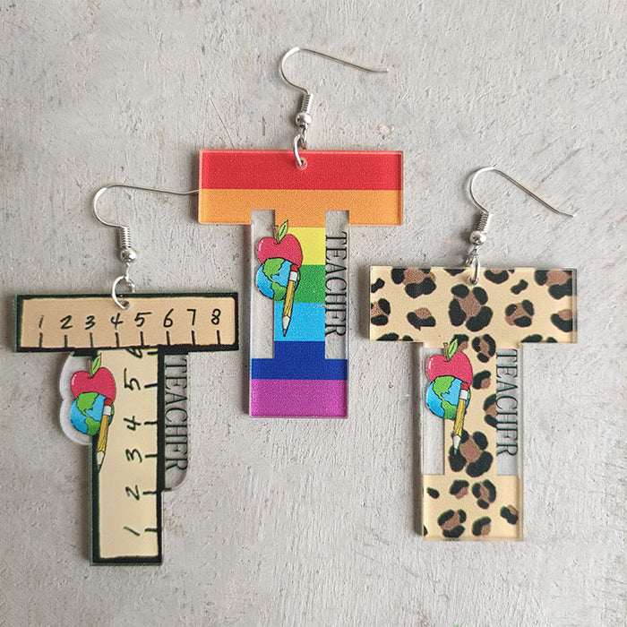 Leopard Print Teacher Earrings with Apple, Rainbow, and Pencil Designs