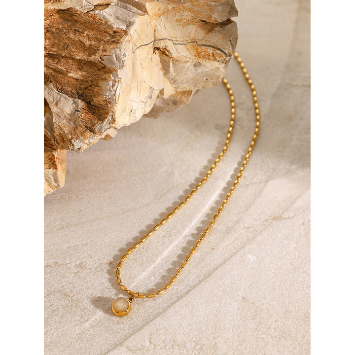 18K Gold-Plated Stainless Steel Necklace with Natural Stone Pendant - French Vintage Agate and Bead Design