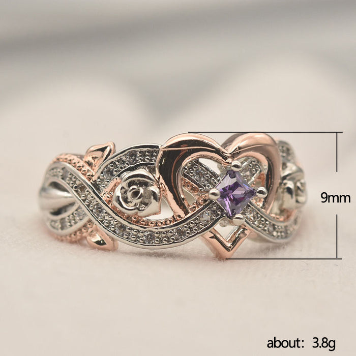 Anillo de oro rosa con circonitas de dos tonos en forma de corazón, anillo de diamantes estilo princesa