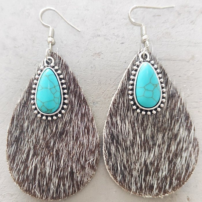 Western Animal Print Cowhide Teardrop Earrings with Turquoise and Metal Accents