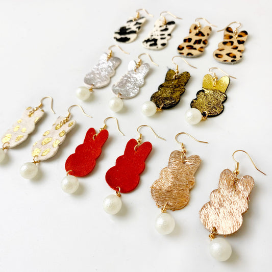 Easter Bunny Earrings with Faux Pearl Pendant, Leopard Print, and Gold Dots on Cowhide Leather