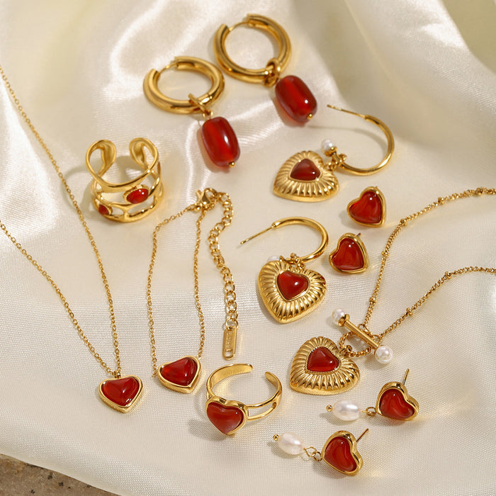 18K gold stainless steel red agate heart necklace pendant earrings