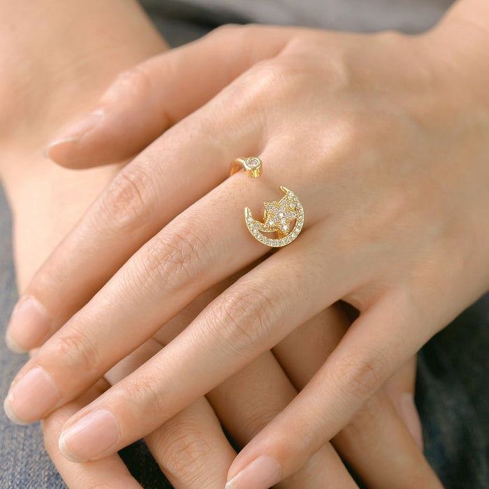 Wholesale copper micro-painted zircon star and moon rotating open ring