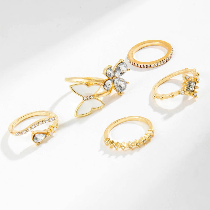 Diamond-studded butterfly water drop ring five-piece set light luxury style oil drop butterfly ring