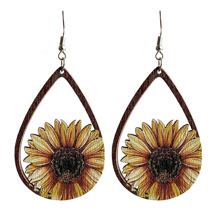 Wooden droplet sunflower earrings