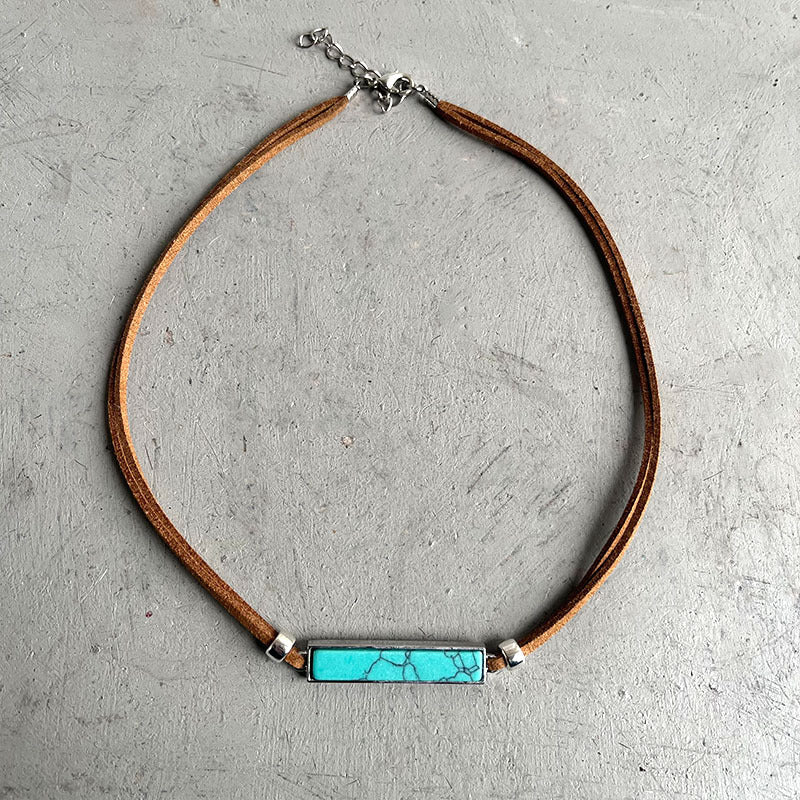 Minimalist Western Cowboy Necklace with Geometric Turquoise Pendant on Leather Cord