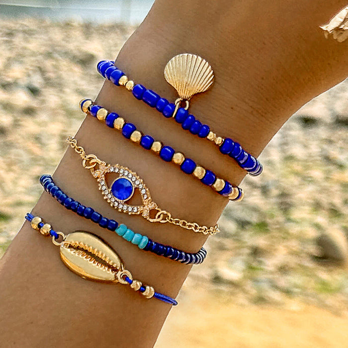 Bohemian Shell and Blue Bead Bracelet Set - Five-Piece Evil Eye Jewelry