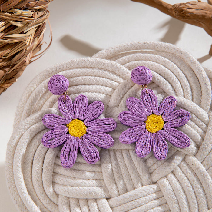 Bohemian woven raffia large flower holiday style earrings