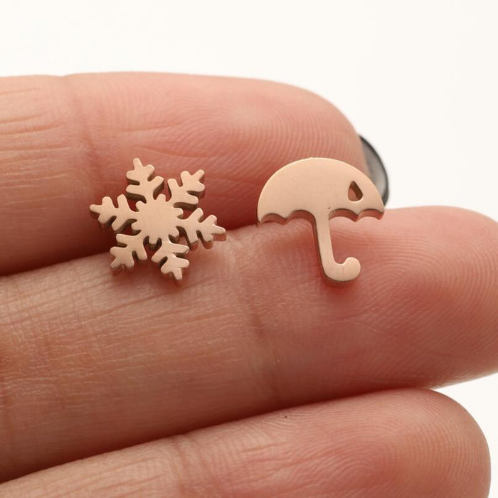 Asymmetric Snowflake and Umbrella Stainless Steel Stud Earrings - Winter-Themed Jewelry