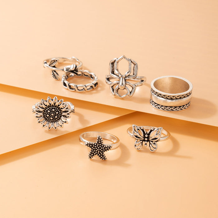 Vintage jewelry sunflower spider ring, star butterfly geometric seven-piece set