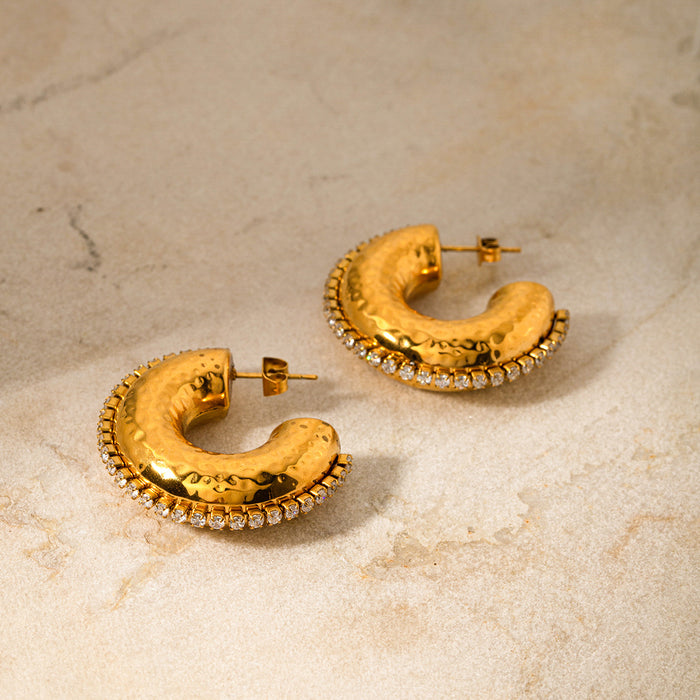 Titanium Steel 18K Gold Plated Hammered Zircon C-Shaped Earrings - High-End Design Earrings for Women