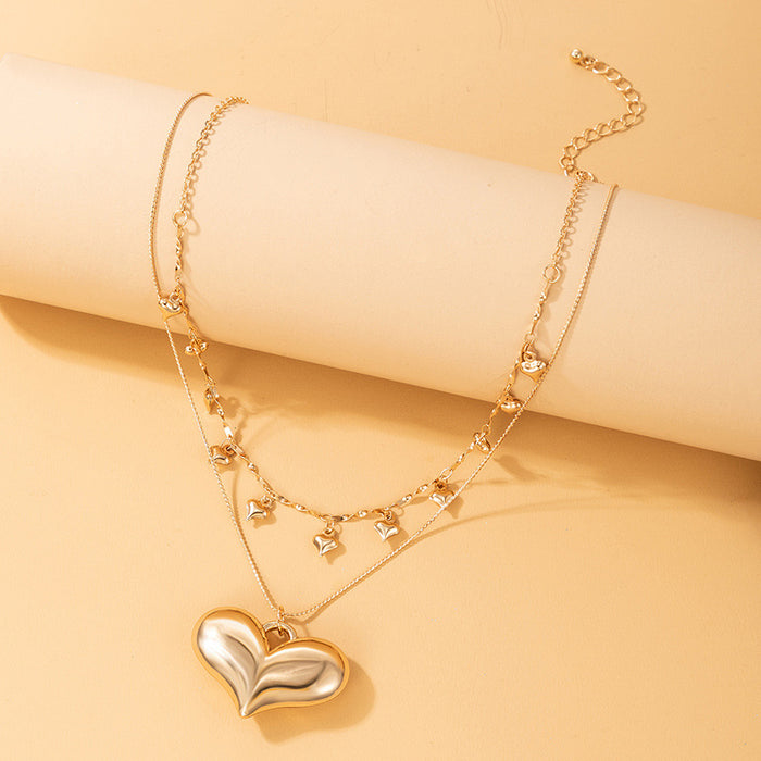 Colorful Heart Chain Double Layer Necklace with Gold Geometric Multi-Layer Design