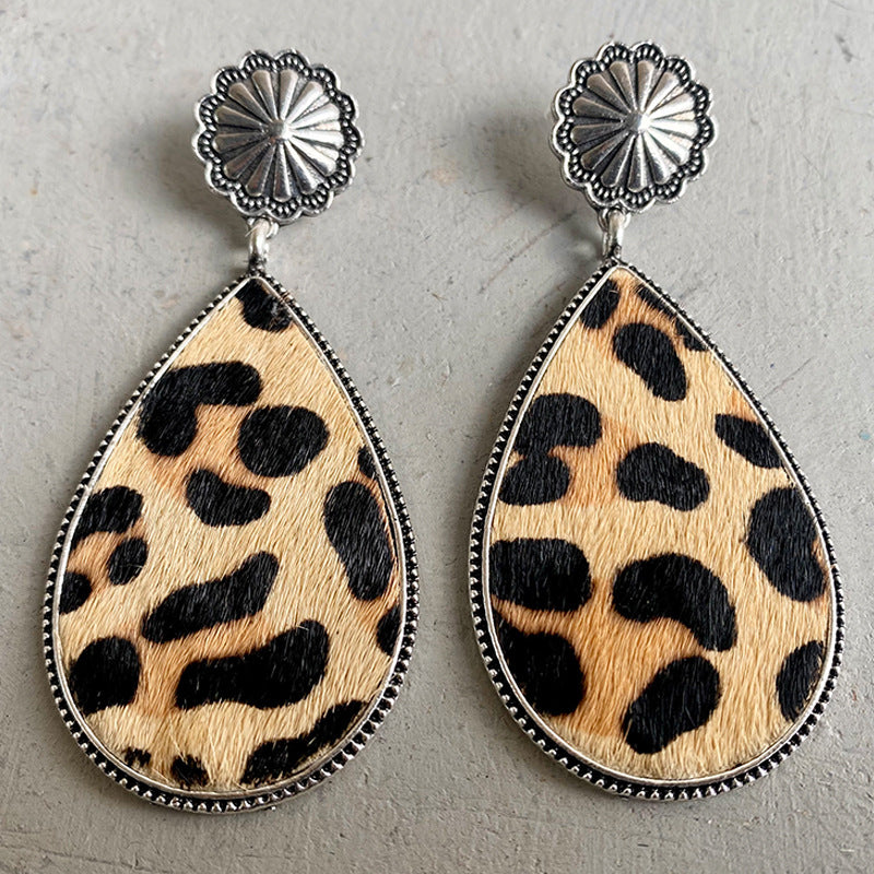 Western Animal Print Leather Earrings with Bohemian Style and Pumpkin Flower Design - wallojewerly 