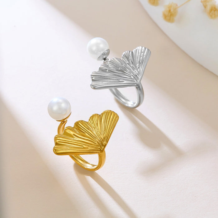 Wholesale stainless steel 18K gold sun scallop imitation pearl ring