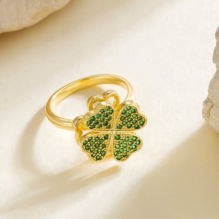 Wholesale copper micro-set zircon green diamond heart four-leaf clover rotating open ring