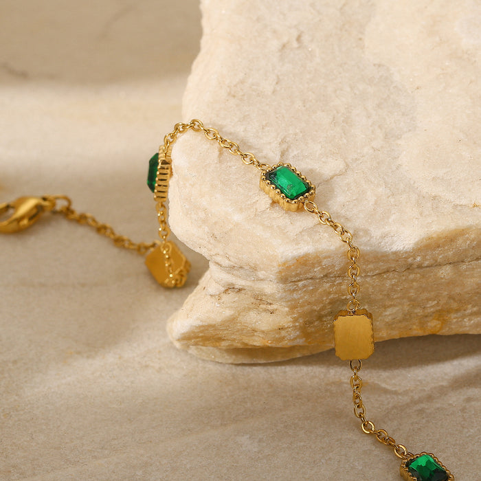 Vintage Green Zircon Jewelry Set - Stainless Steel Necklace, Earrings, Bracelet, and Ring for Women - wallojewerly 