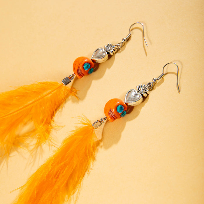 Orange tassel feather earrings skull heart Halloween personality earrings for women