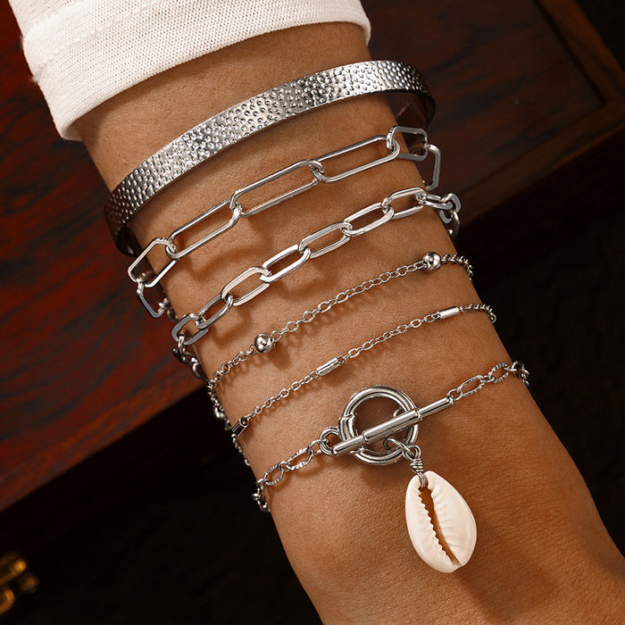 Shell Alloy Bracelet Set - Letter Pearl Geometric Multi-Layer Bracelets