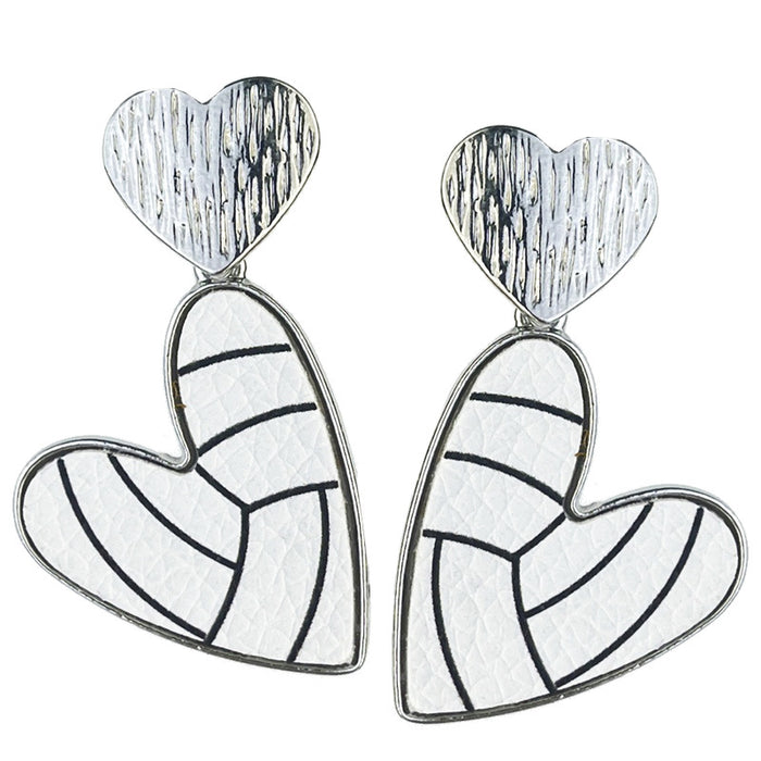 Metal Football Heart Earrings with Sports Ball Leather Design